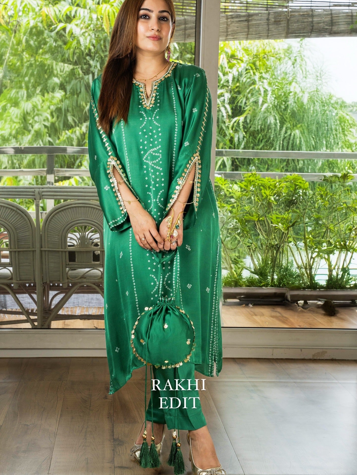 Bandhej Silk Set with Potli
