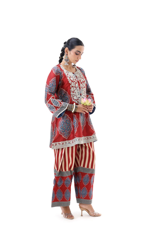 Crimson Red Embroidered Kurta Set
