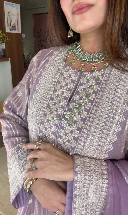 Gota Stripe Pearl Kurta Set - Lilac