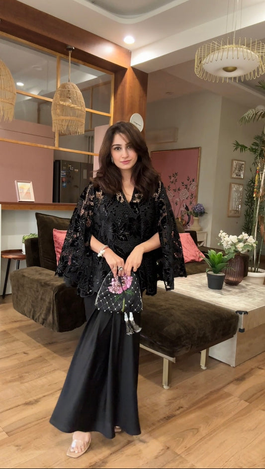 Velvet Cutwork Drape Skirt Set