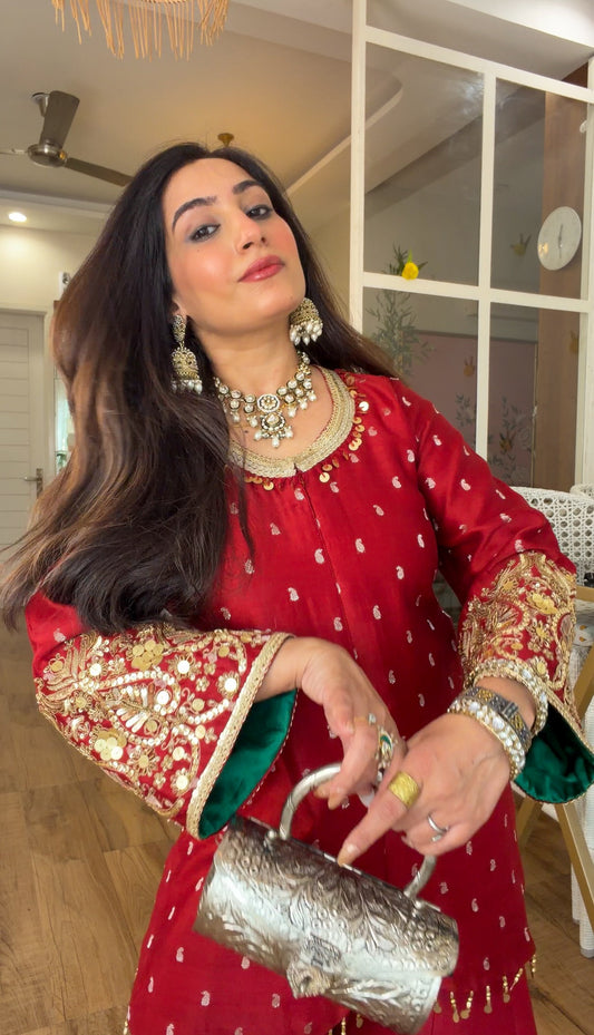Deep Red Embroidered sharara set