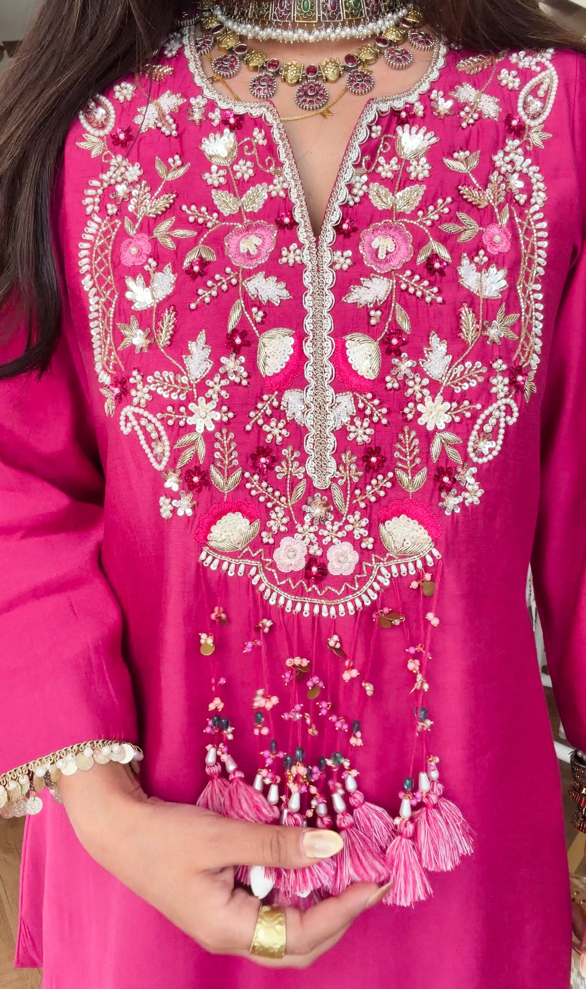 Fuchsia Hand-Embroidered Kurta dhoti Set