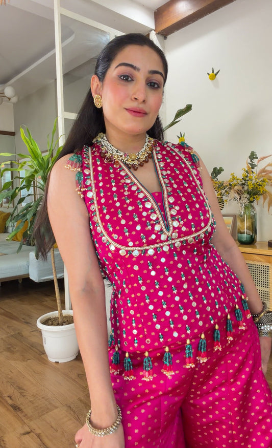 Fuchsia Pink Mirror Work Sharara Set