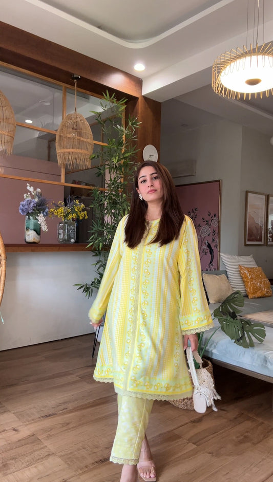 Lime Check Floral Kurta Set