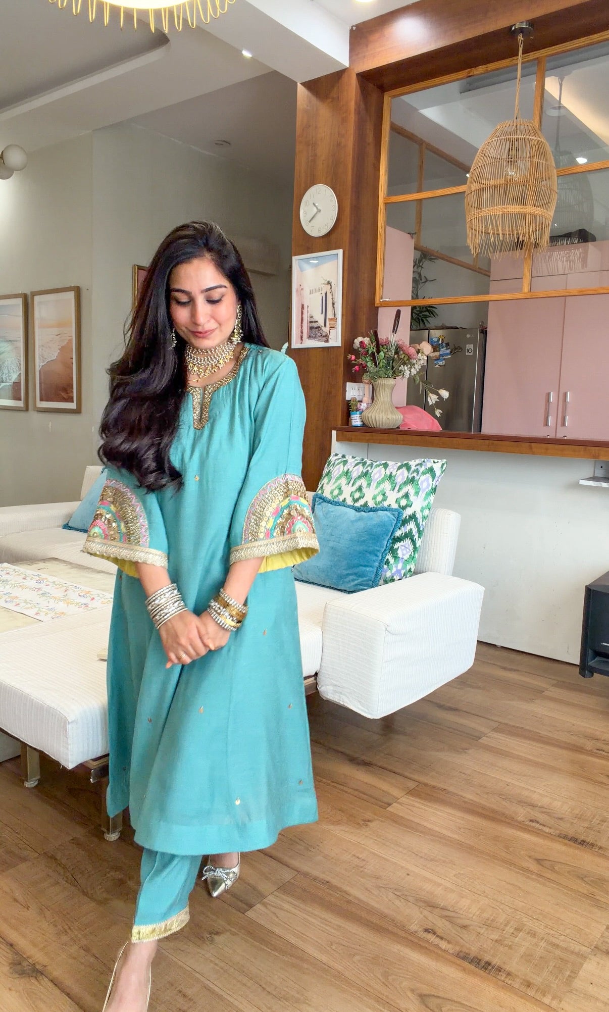 Teal Hand-Embroidered Suit Set