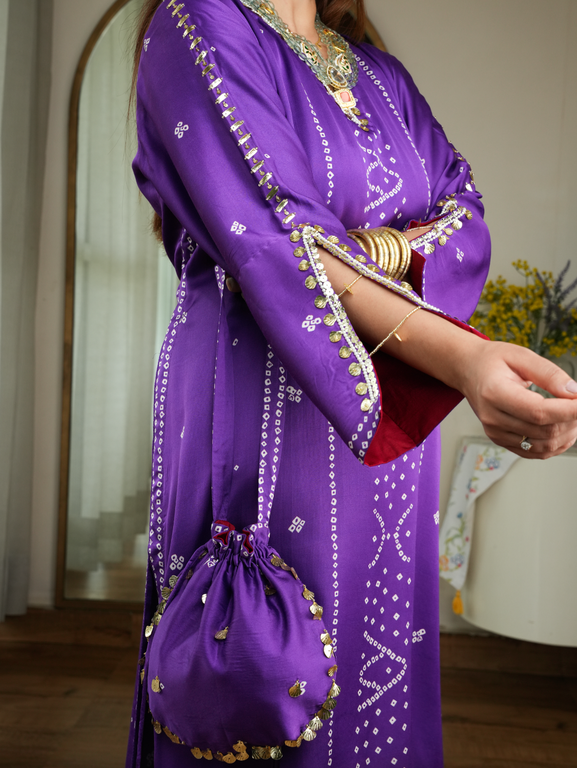 Bandhej Silk Set with Potli