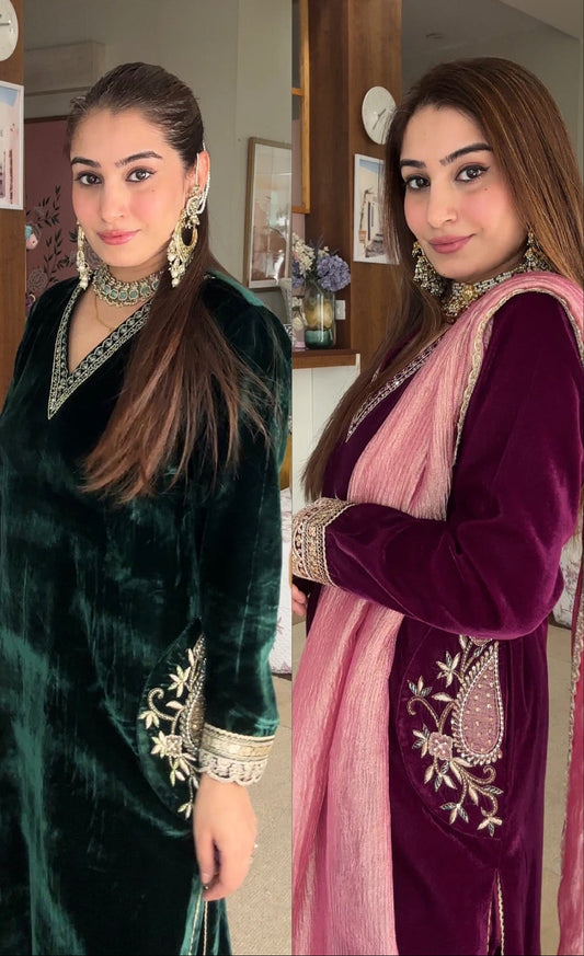 Embroidered Velvet Kurta Set