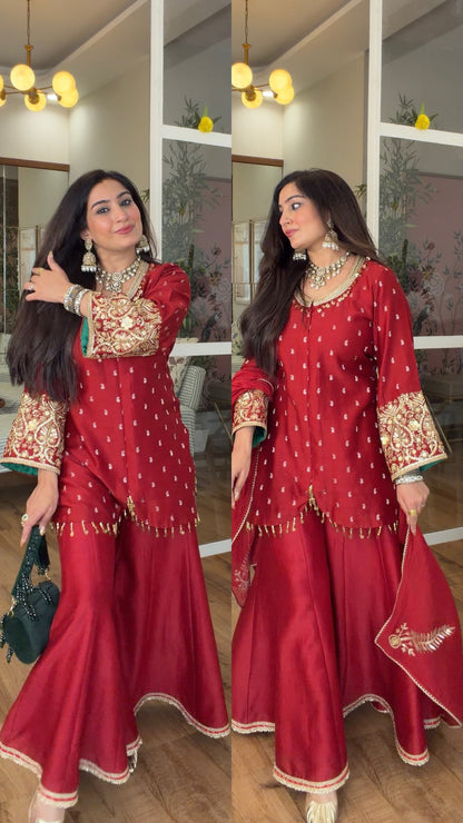 Deep Red Embroidered sharara set