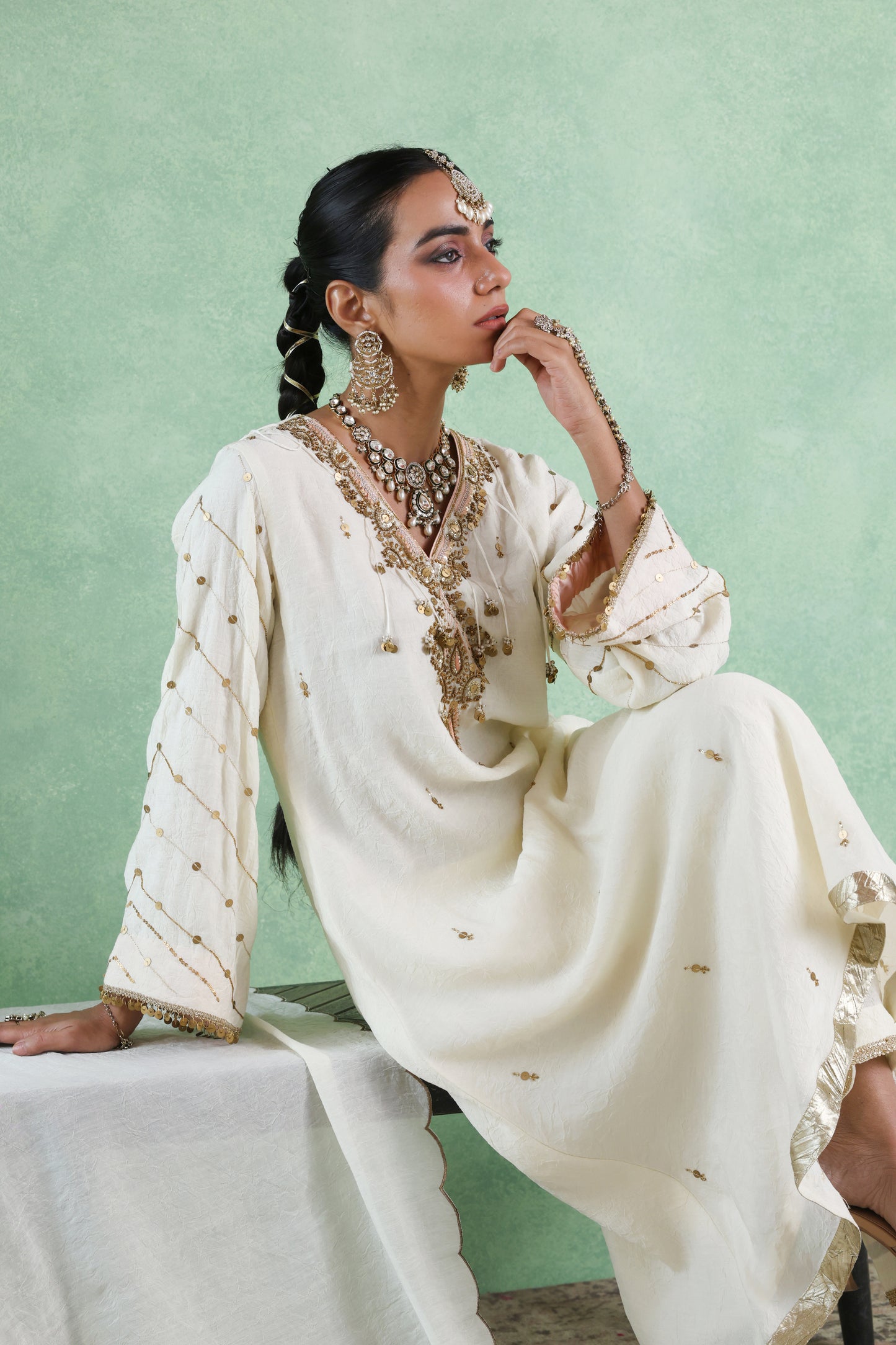 Ivory Coin&Sequin Embroidered Kurta Set