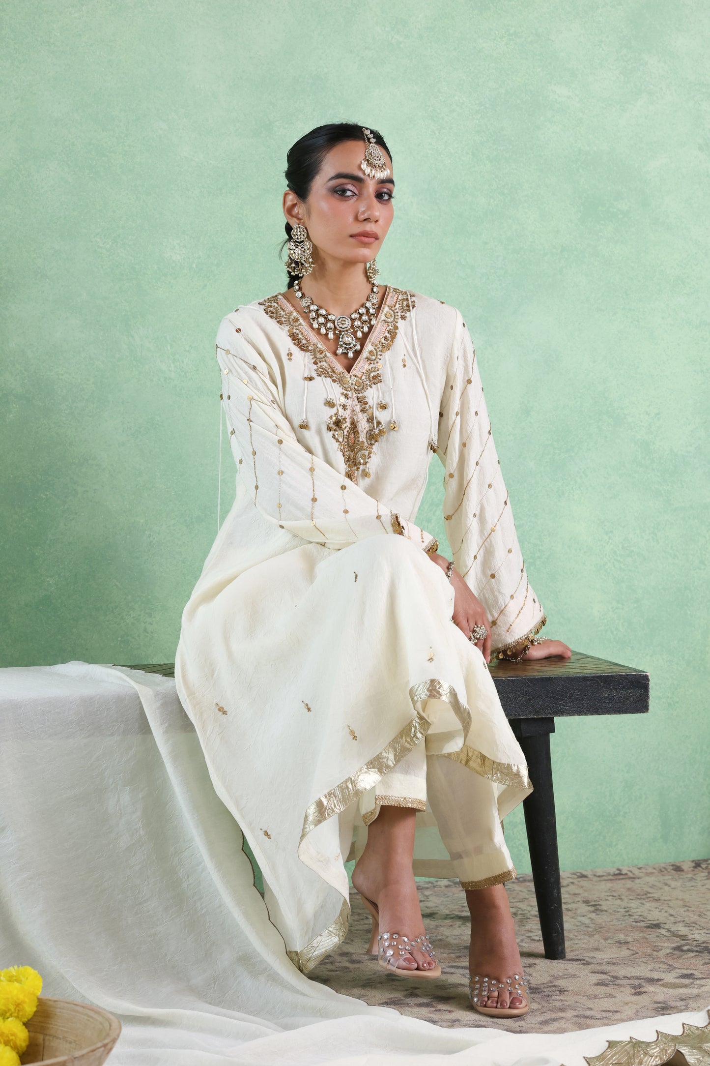 Ivory Coin&Sequin Embroidered Kurta Set