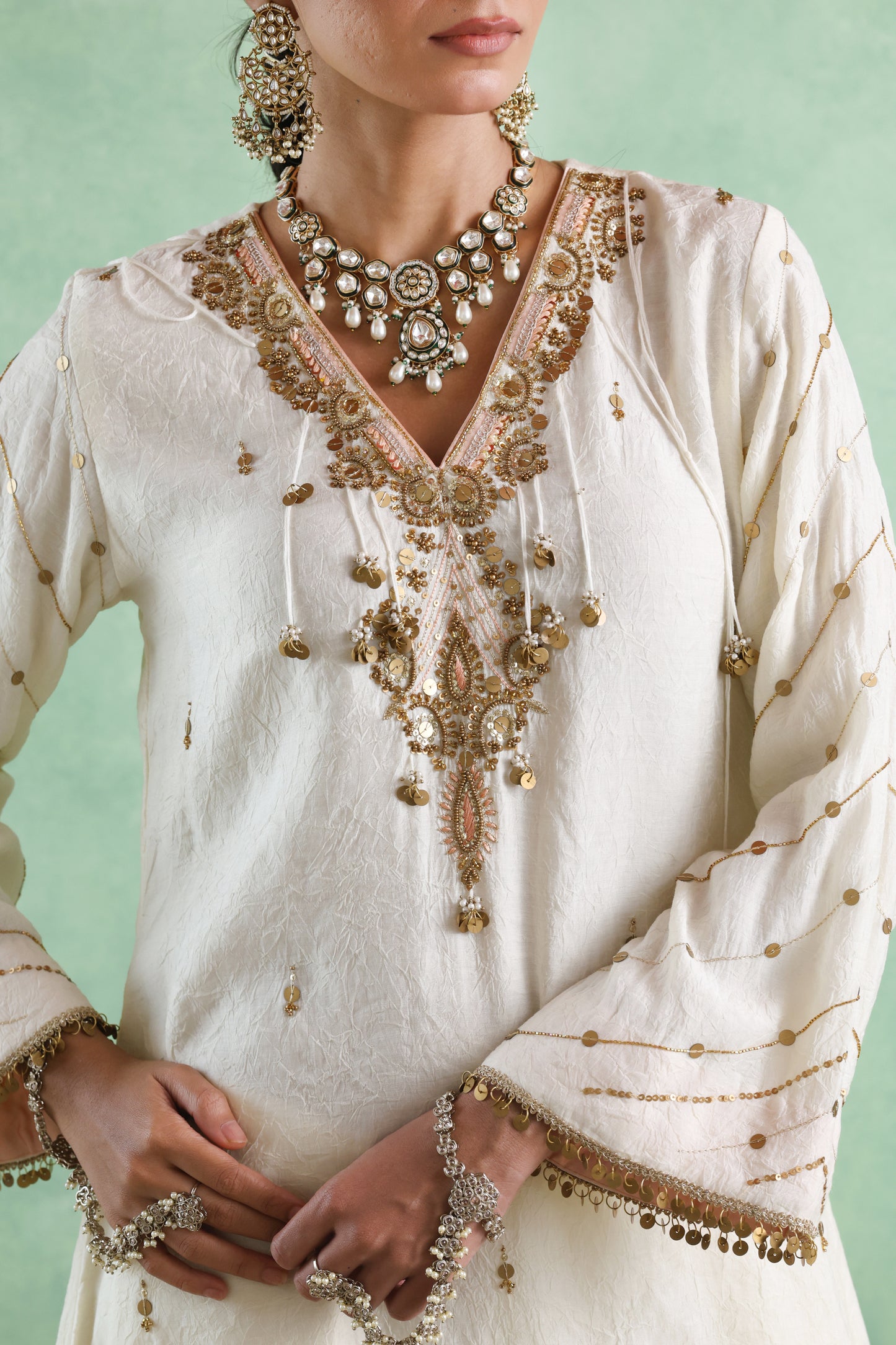 Ivory Coin&Sequin Embroidered Kurta Set