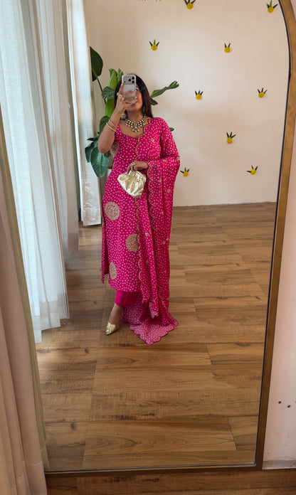 Pink Bandhani Silk set