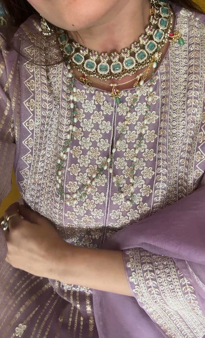 Gota Stripe Pearl Kurta Set - Lilac