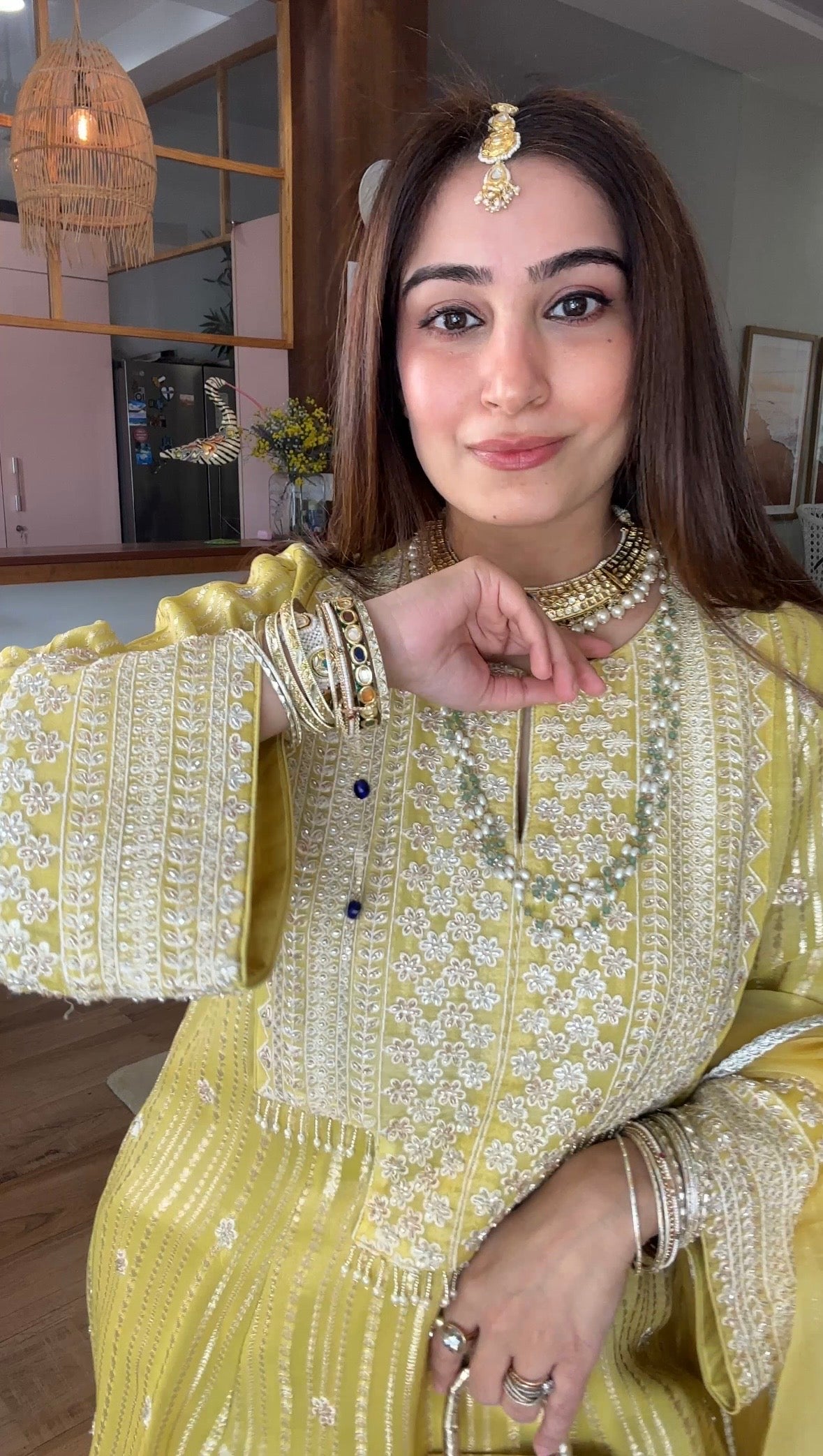 Gota Stripe Pearl Kurta Set - Yellow