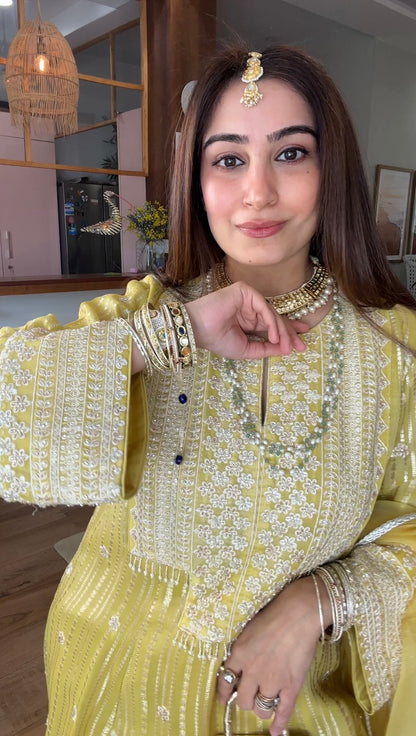 Gota Stripe Pearl Kurta Set - Yellow