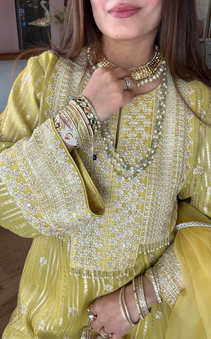 Gota Stripe Pearl Kurta Set - Yellow