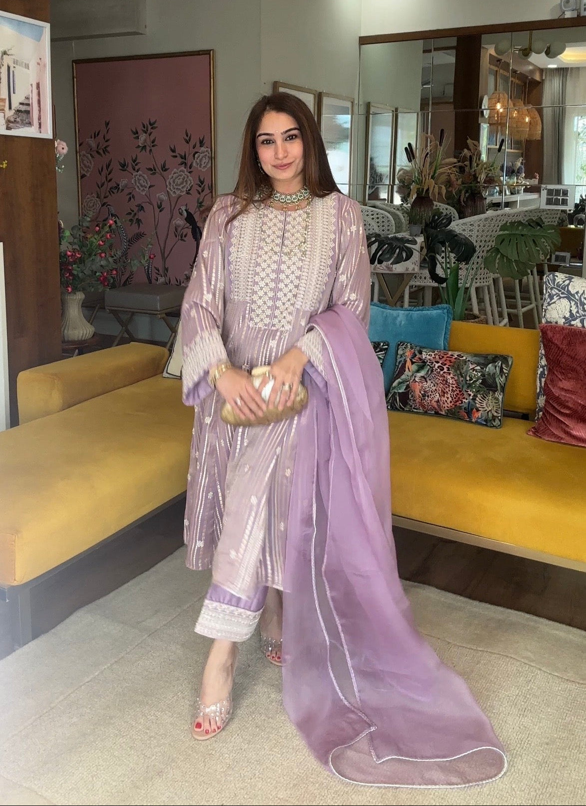 Gota Stripe Pearl Kurta Set - Lilac