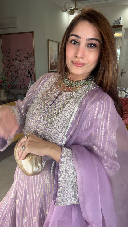 Gota Stripe Pearl Kurta Set - Lilac