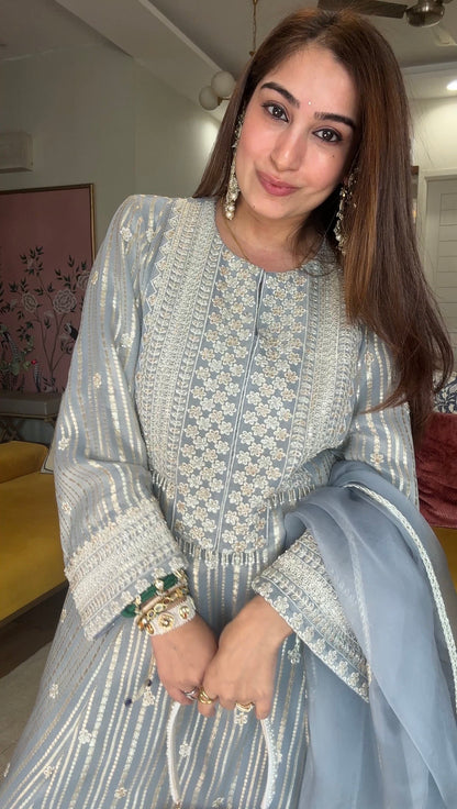 Gota Stripe Pearl Kurta Set - Grey