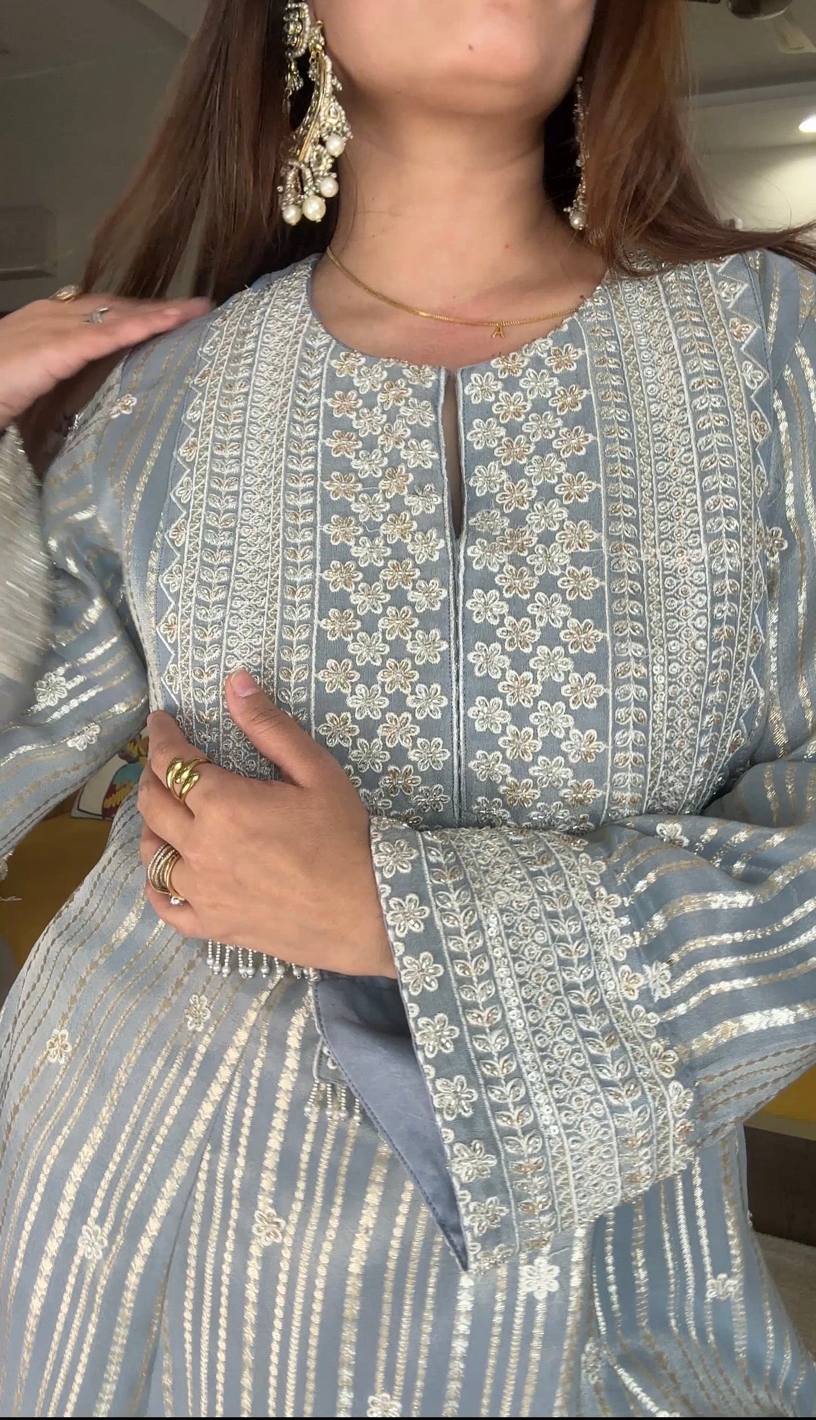 Gota Stripe Pearl Kurta Set - Grey