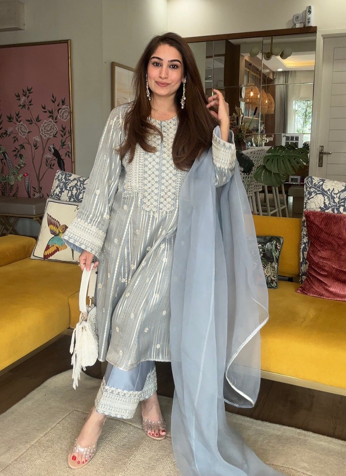 Gota Stripe Pearl Kurta Set - Grey