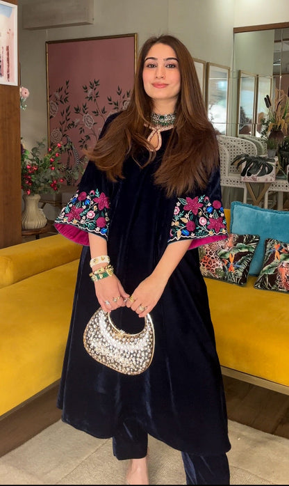 Velvet Threadwork Kurta Set