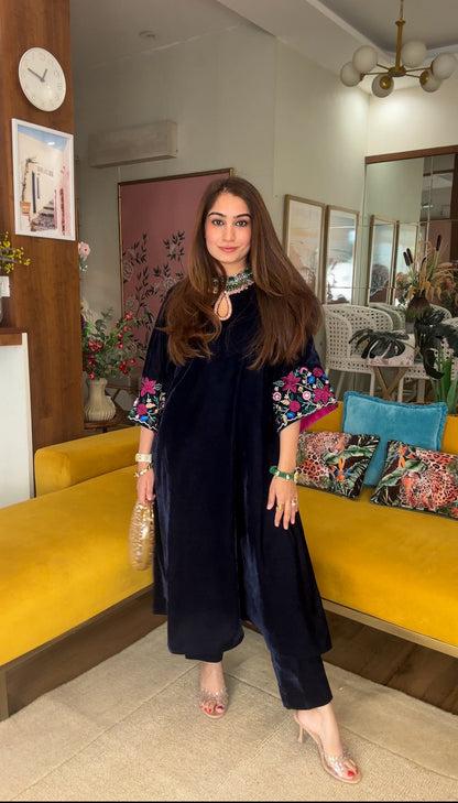 Velvet Threadwork Kurta Set