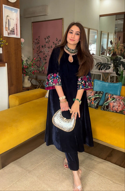 Velvet Threadwork Kurta Set