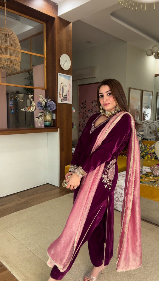 Embroidered Velvet Kurta Set