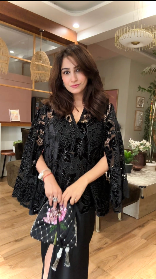 Velvet Cutwork Drape Skirt Set