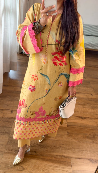 Yellow floral kurta set