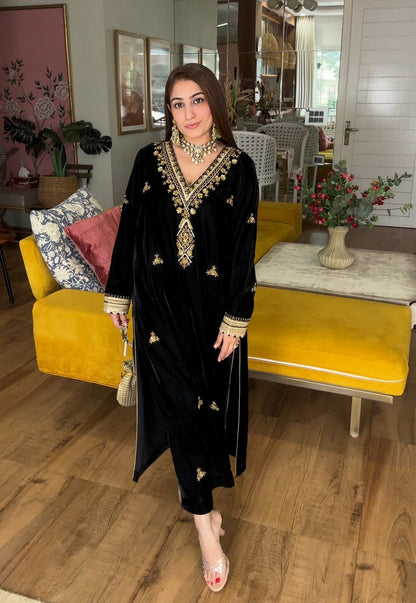 Embroidered Black Velvet Kurta Set