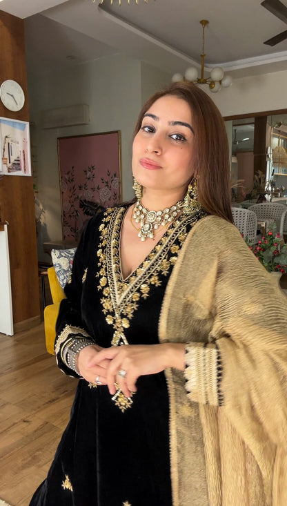 Embroidered Black Velvet Kurta Set