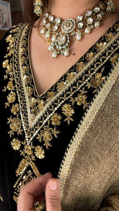 Embroidered Black Velvet Kurta Set