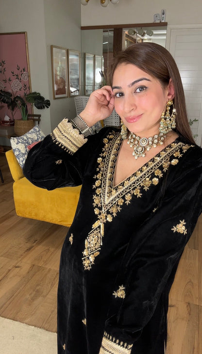 Embroidered Black Velvet Kurta Set