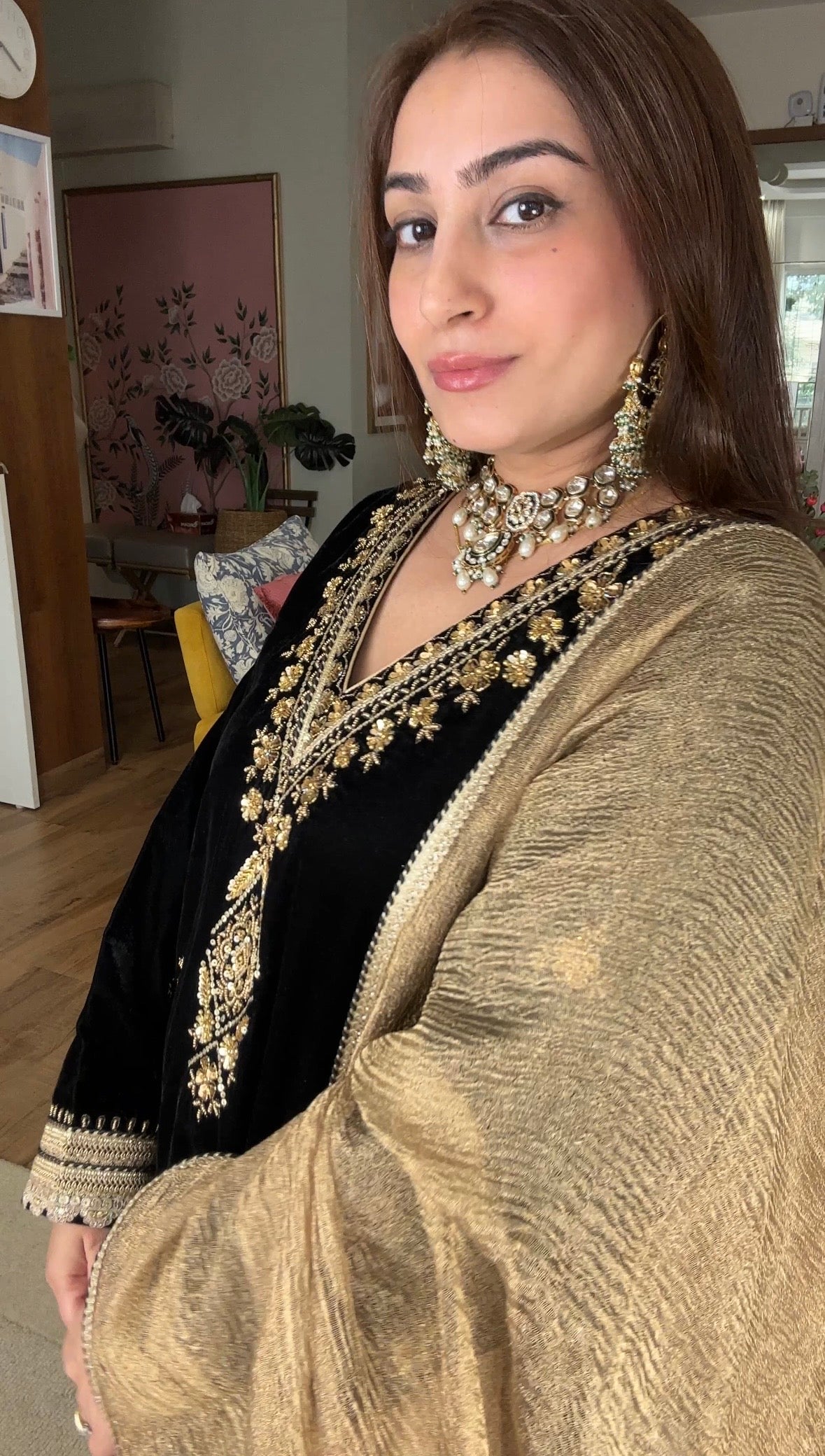 Embroidered Black Velvet Kurta Set