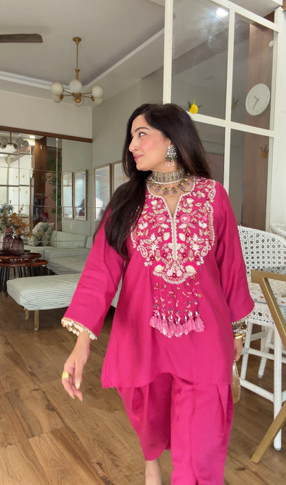 Fuchsia Hand-Embroidered Kurta dhoti Set