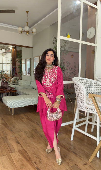 Fuchsia Hand-Embroidered Kurta dhoti Set