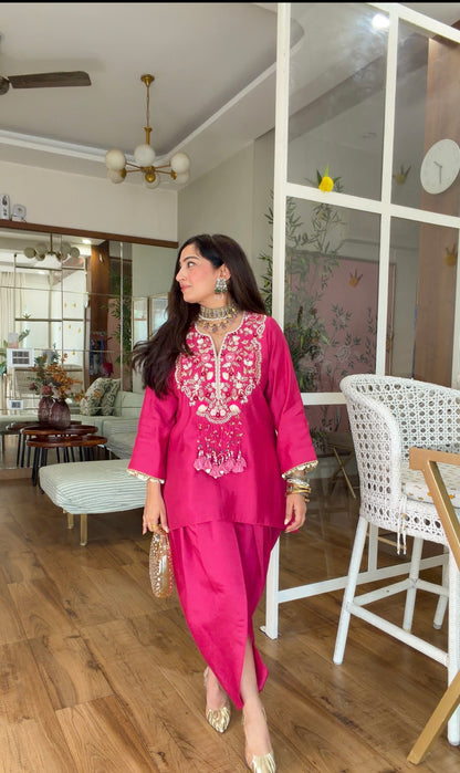 Fuchsia Hand-Embroidered Kurta dhoti Set
