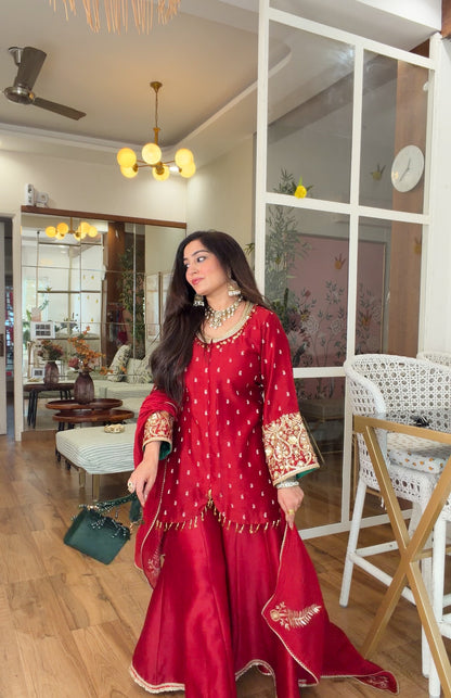 Deep Red Embroidered sharara set