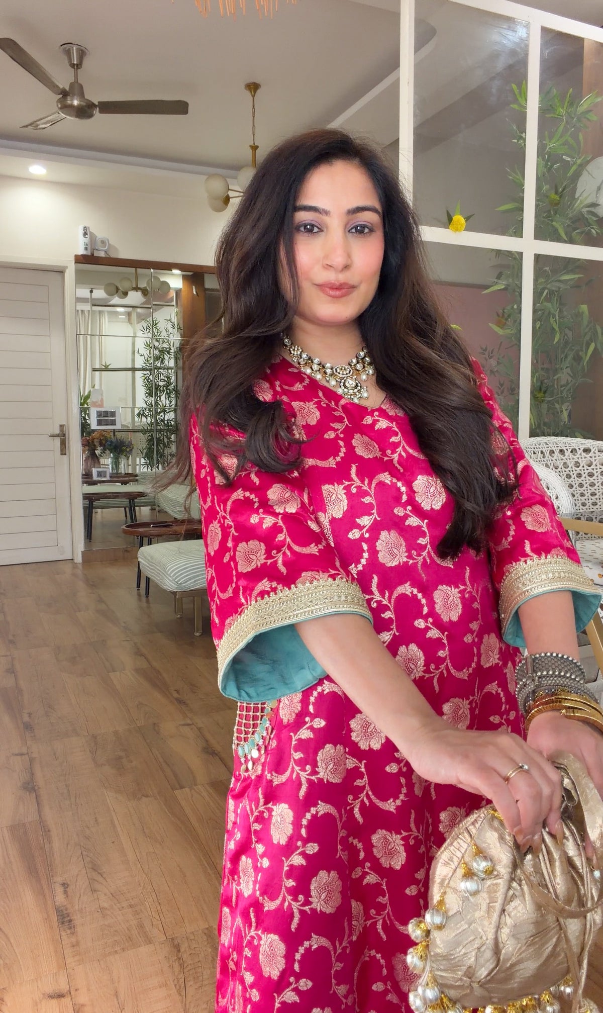Fuchsia Banarasi Floral Kurta Set