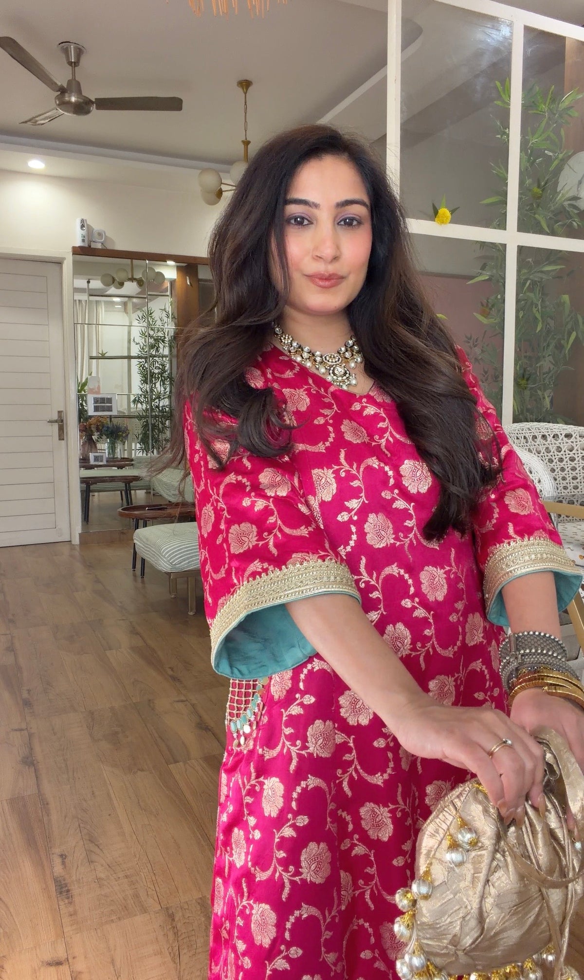 Fuchsia Banarasi Floral Kurta Set