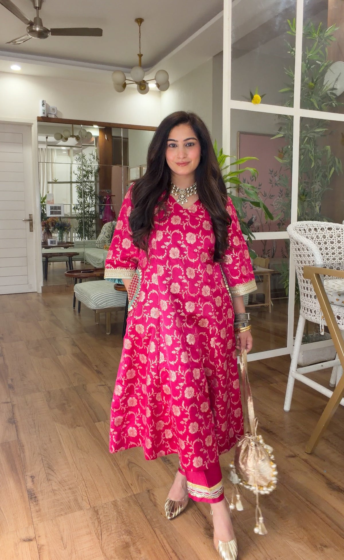 Fuchsia Banarasi Floral Kurta Set