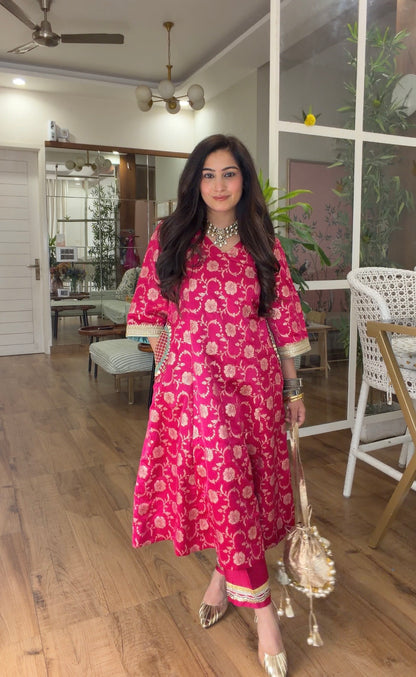 Fuchsia Banarasi Floral Kurta Set