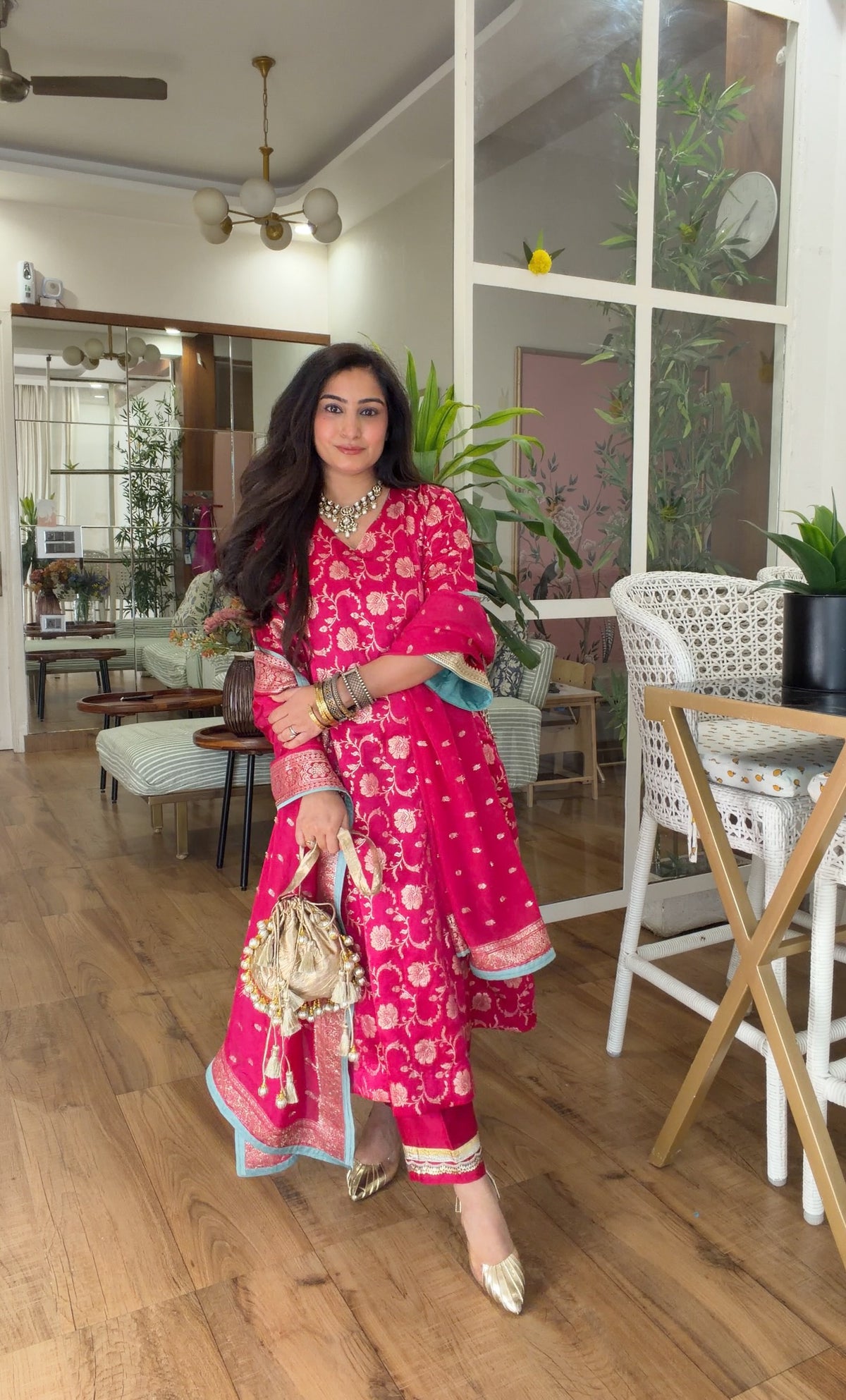 Fuchsia Banarasi Floral Kurta Set