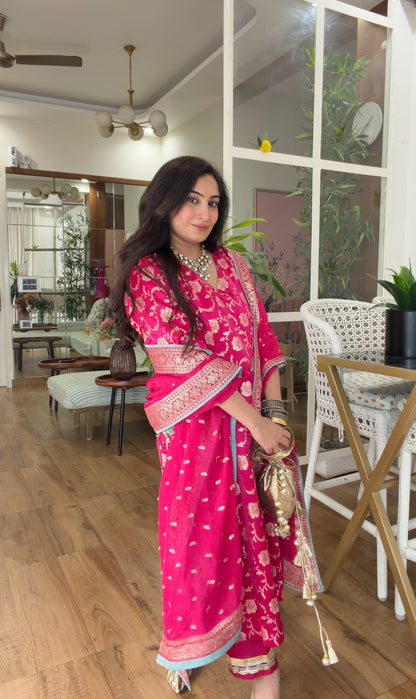 Fuchsia Banarasi Floral Kurta Set