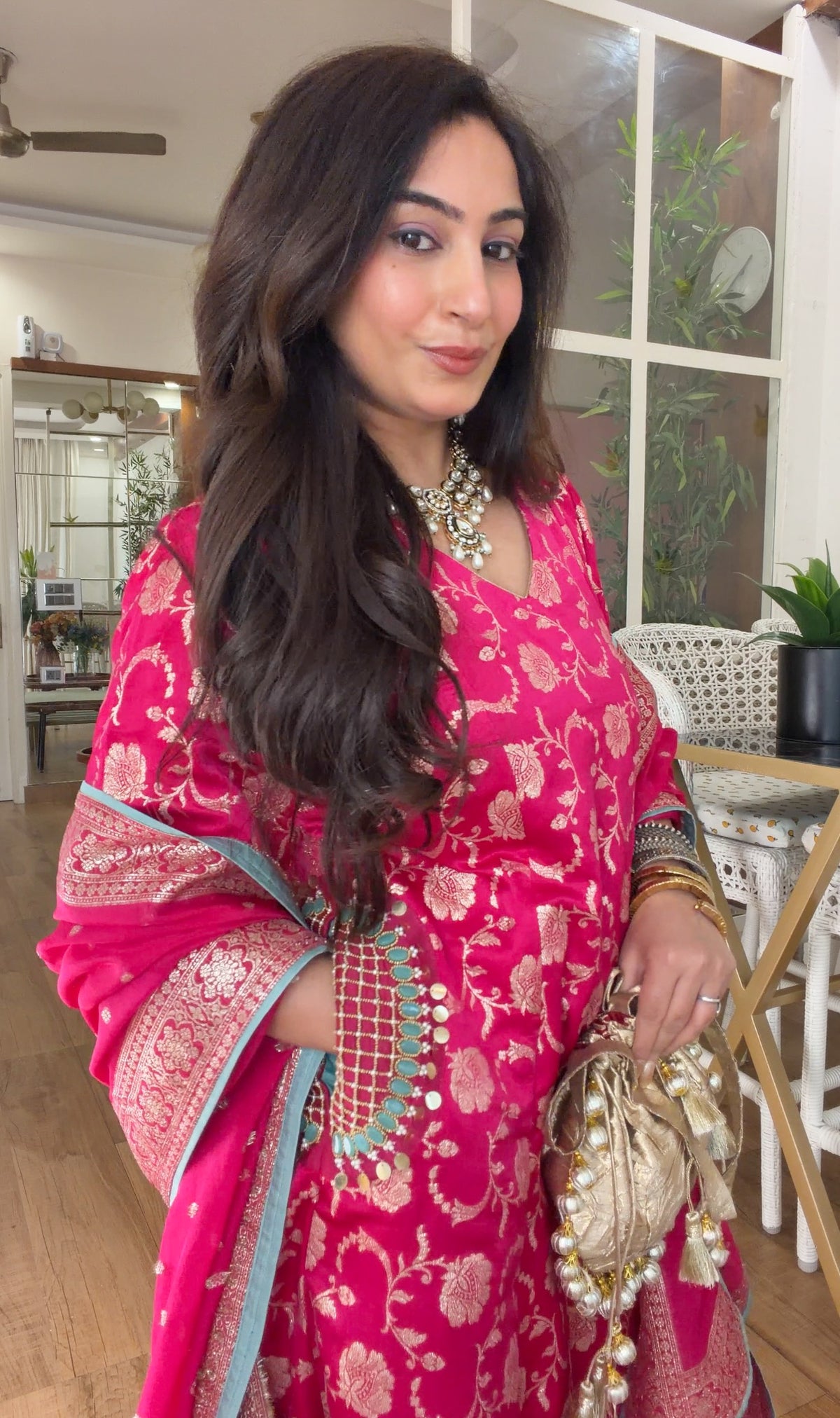 Fuchsia Banarasi Floral Kurta Set