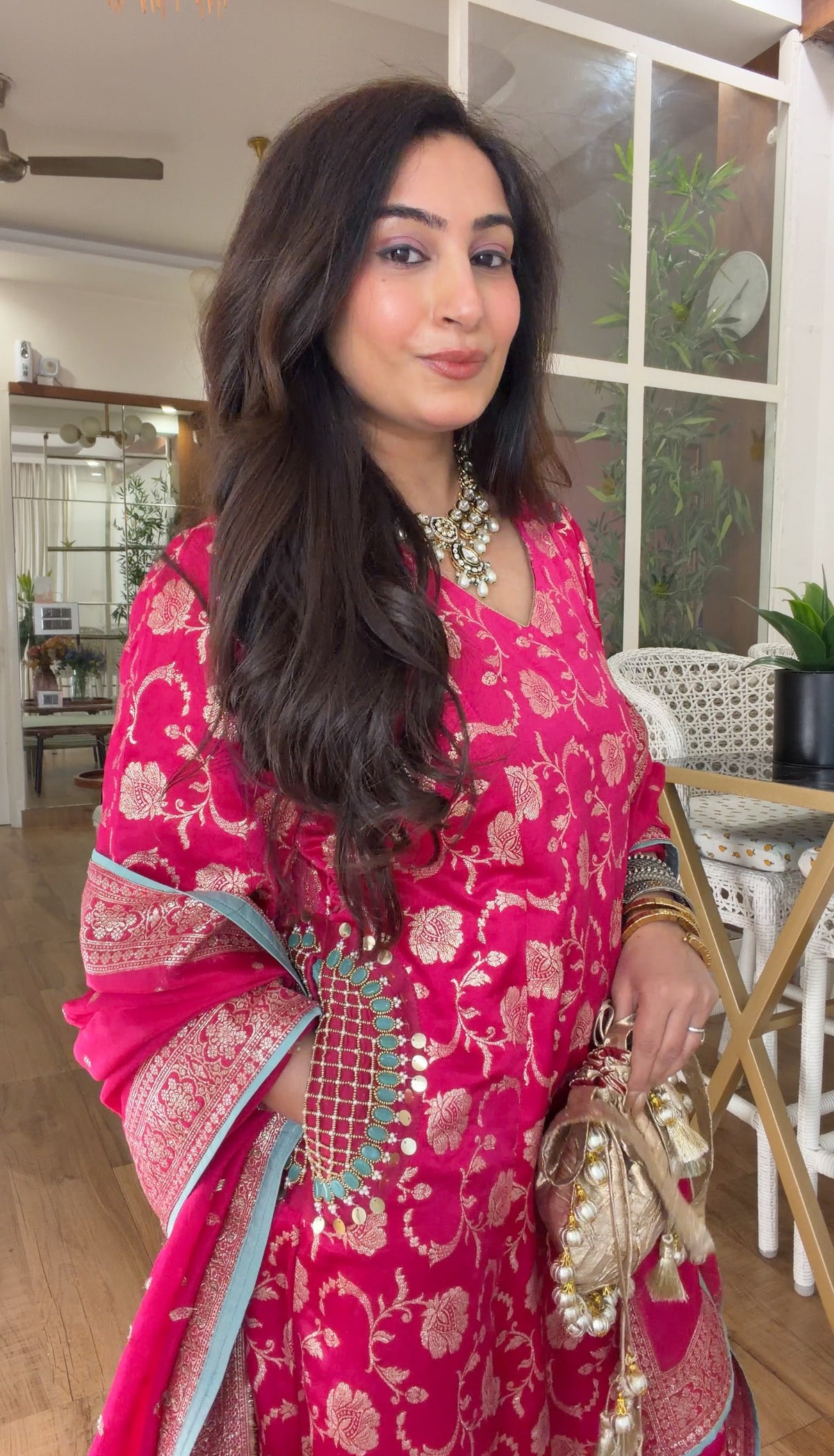 Fuchsia Banarasi Floral Kurta Set