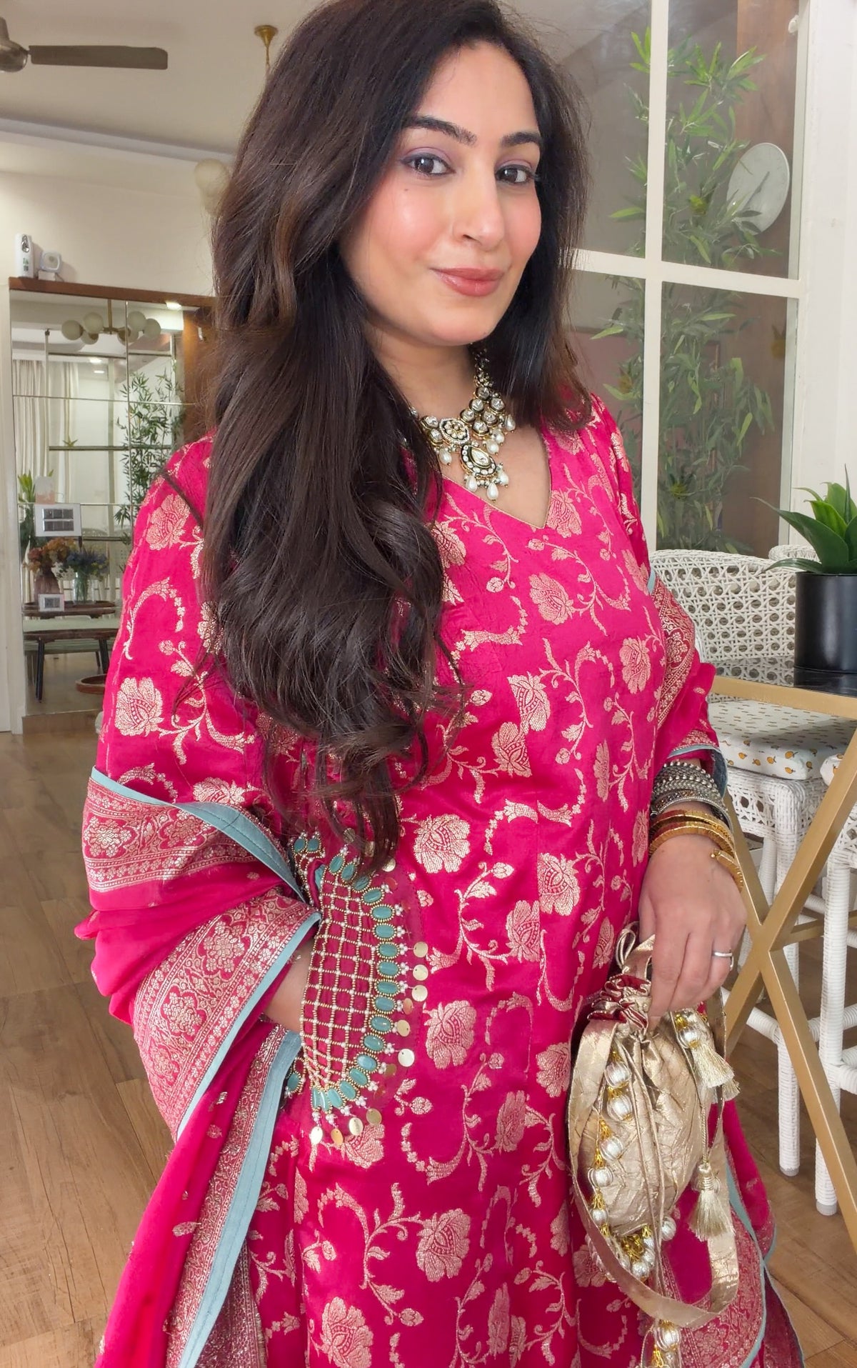 Fuchsia Banarasi Floral Kurta Set