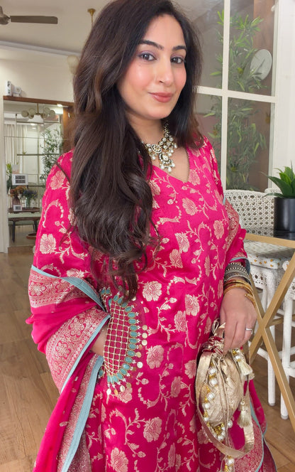 Fuchsia Banarasi Floral Kurta Set